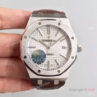 Swiss Audemars Piguet Replica Watch Silver Face Brown Leather Band